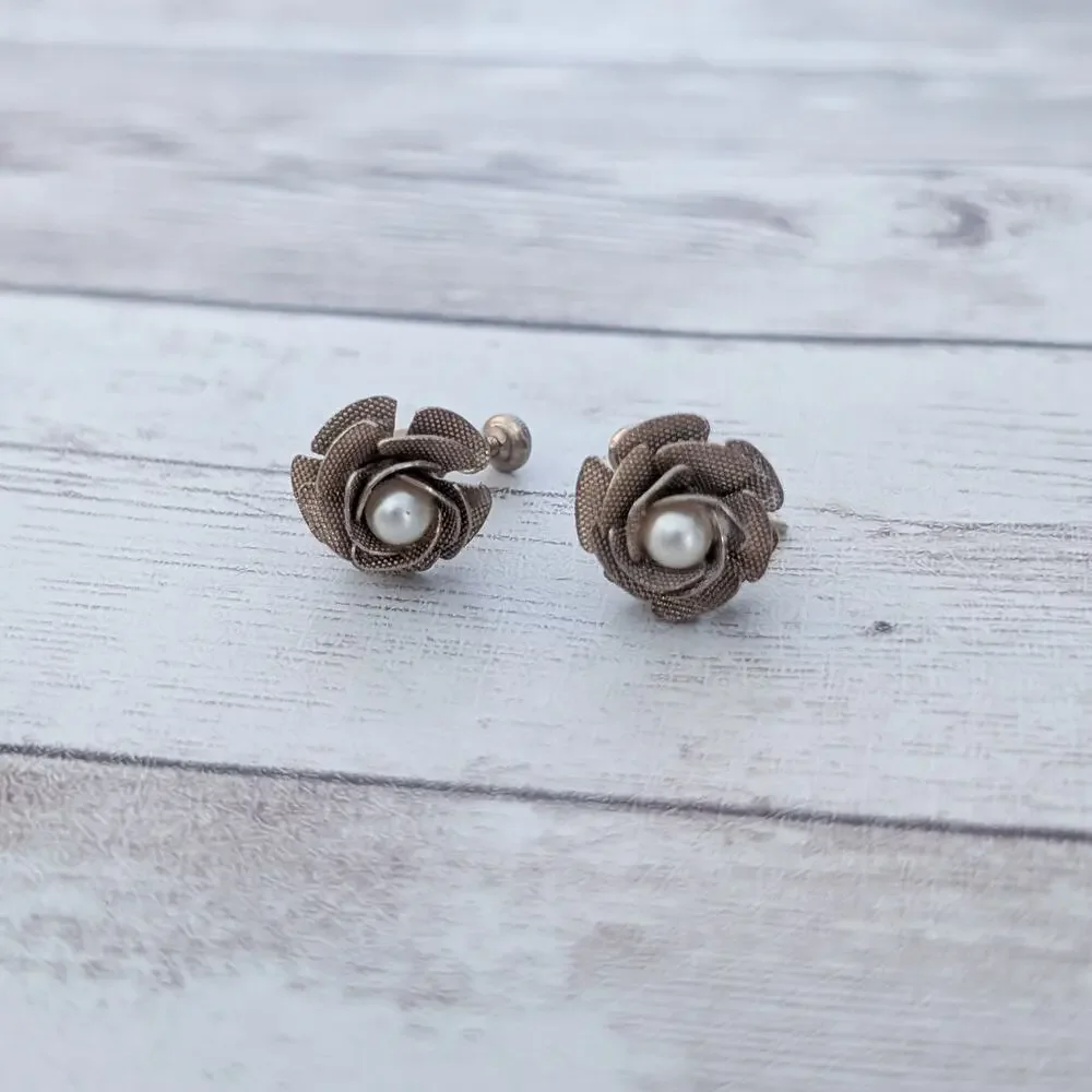 Vintage Screw Back Earrings Brass Tone Flower - One is Bent